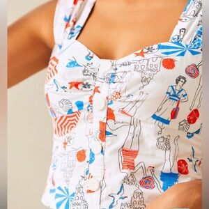 NWT ModCloth Seaside Mosaic Sleeveless Shirt in Bathing Beauties Print, Medium